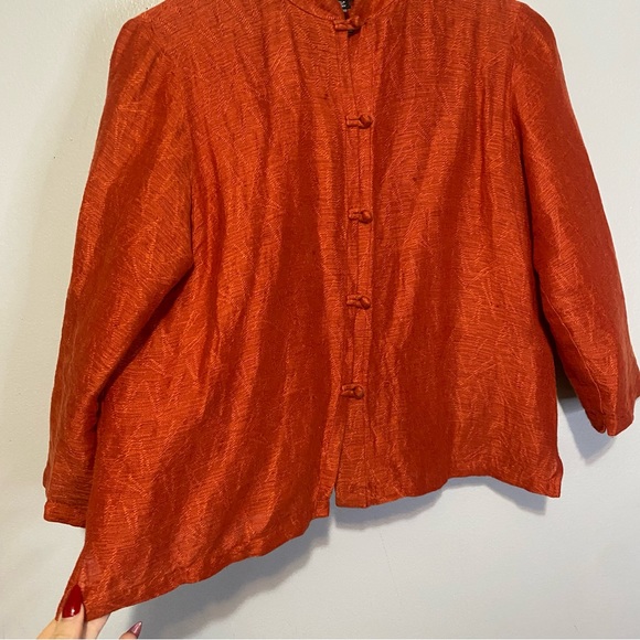 Eileen Fisher Button Front Orange Rust Linen Blend Top Mandarin Collar PM Petite - Picture 4 of 7